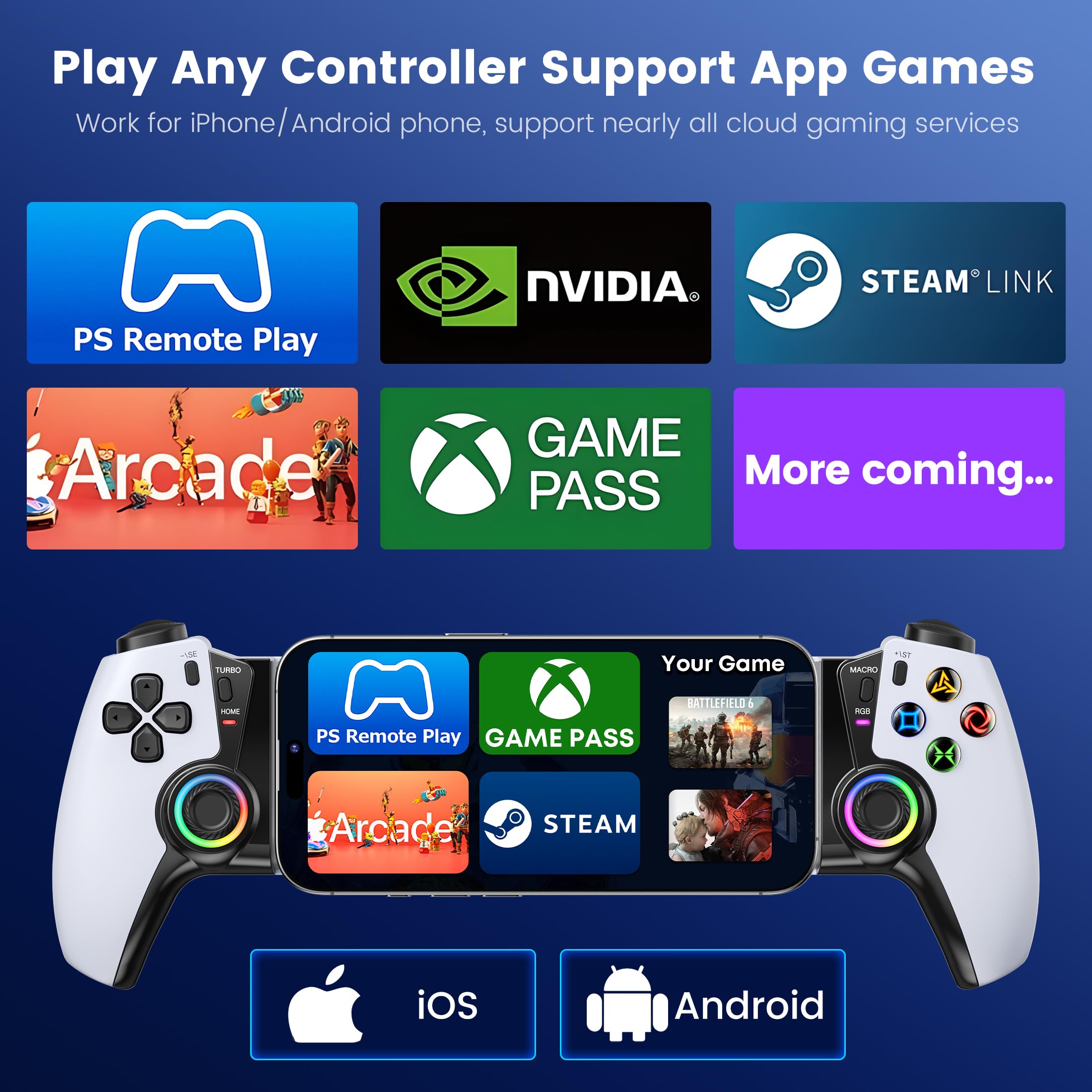 Controlador de teléfono para iPhone/Android/Switch 1/2/OLED/iPad Mini con joystick Hall, controlador inalámbrico LED para juegos móviles para iOS compatible con PS Remote Play, Xbox Cloud, Steam Link