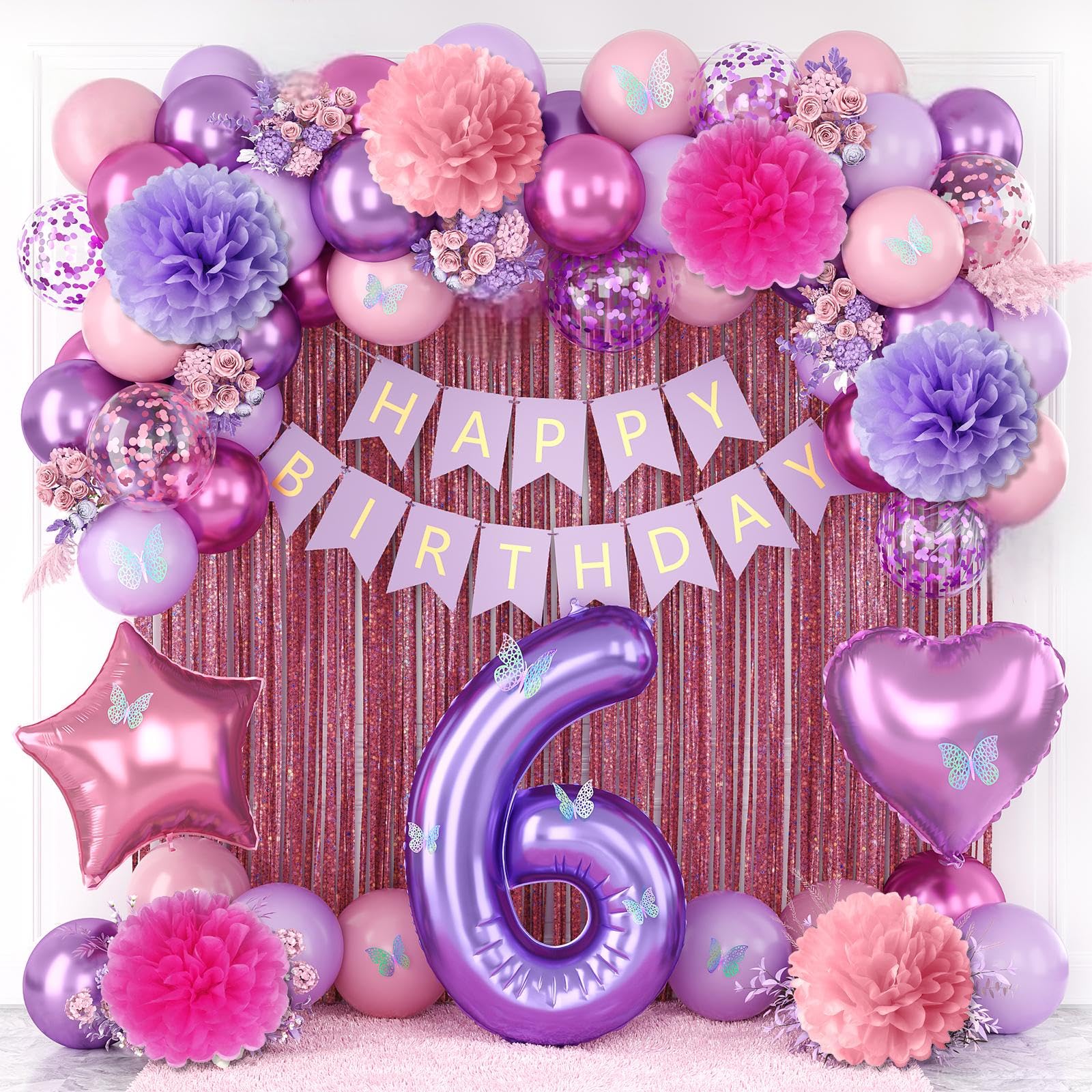 Pink Purple 6th Birthday Party Decoration for Girls Number 6 Princess Decor