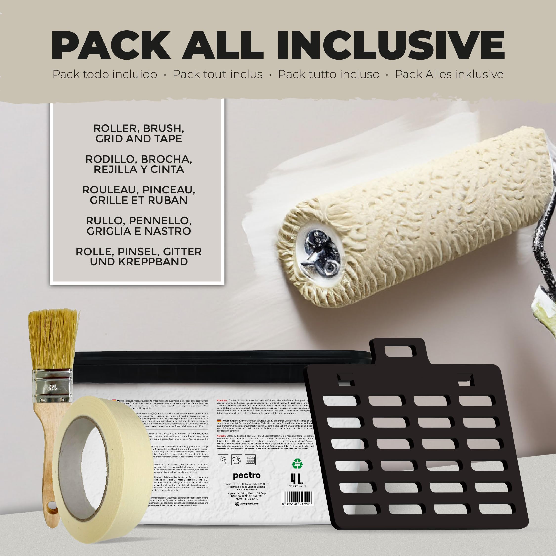 PECTRO Pittura Mano Unica 4L (6,3kg) Set con rullo, pennello, griglia e nastro in carta - Pittura per Interni Lavabile per Pareti e Soffitti – Monomano per Camere e Soggiorni