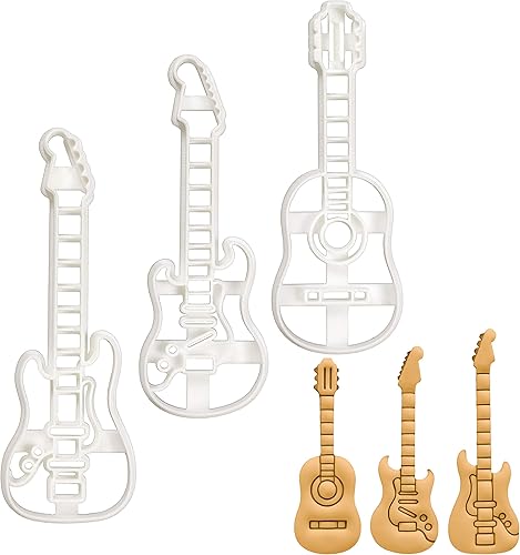 Juego de 3 cortadores de galletas de guitarra (diseños acústico, eléctrico, bajo), 3 piezas - Bakerlogy