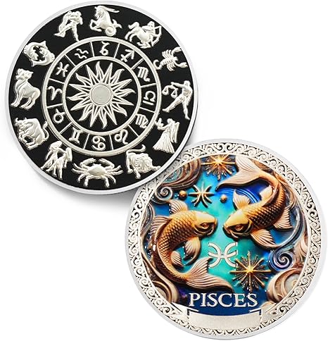 Cool Pisces 12 Zodiac Challenge Coin - Twelve Constellations Pisces Protective Talisman Coin - Divination Good Luck Charms Tarot Coin - Meaningful Star Sign Collectible Gifts for Men Women Friend Kid