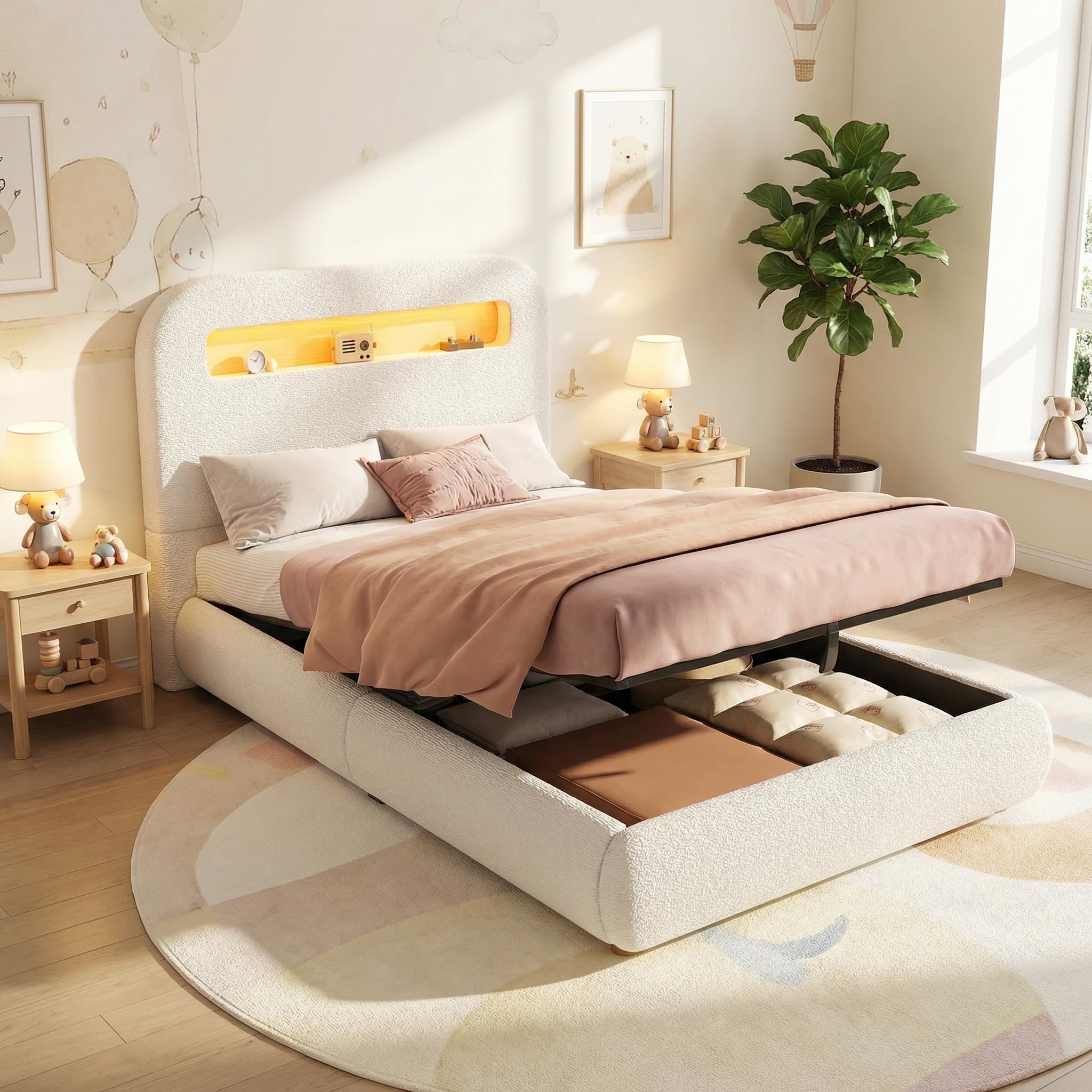 Merax 3FT Single Bed Frame 90 x 190 cm, Bouclé Upholstered Hydraulic Ottoman Bed with LED Lighting, Headboard & Large Storage Space, Solid Wood Legs, Children’s Bed, White (No Mattress)