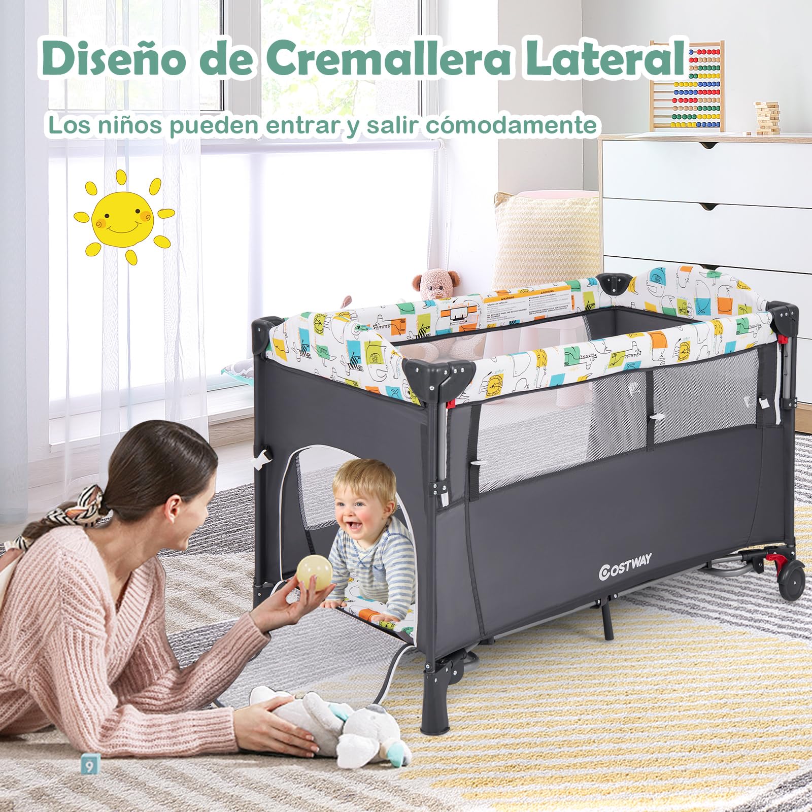 COSTWAY Cuna de Viaje Convertible 5 en 1 con Cambiador, Bolsillo de Almacenamiento, Centro de Guardería para Bebés, Juguetes Colgantes, Cuna Ajustable de 4 Niveles con Ruedas y Frenos (Gris)