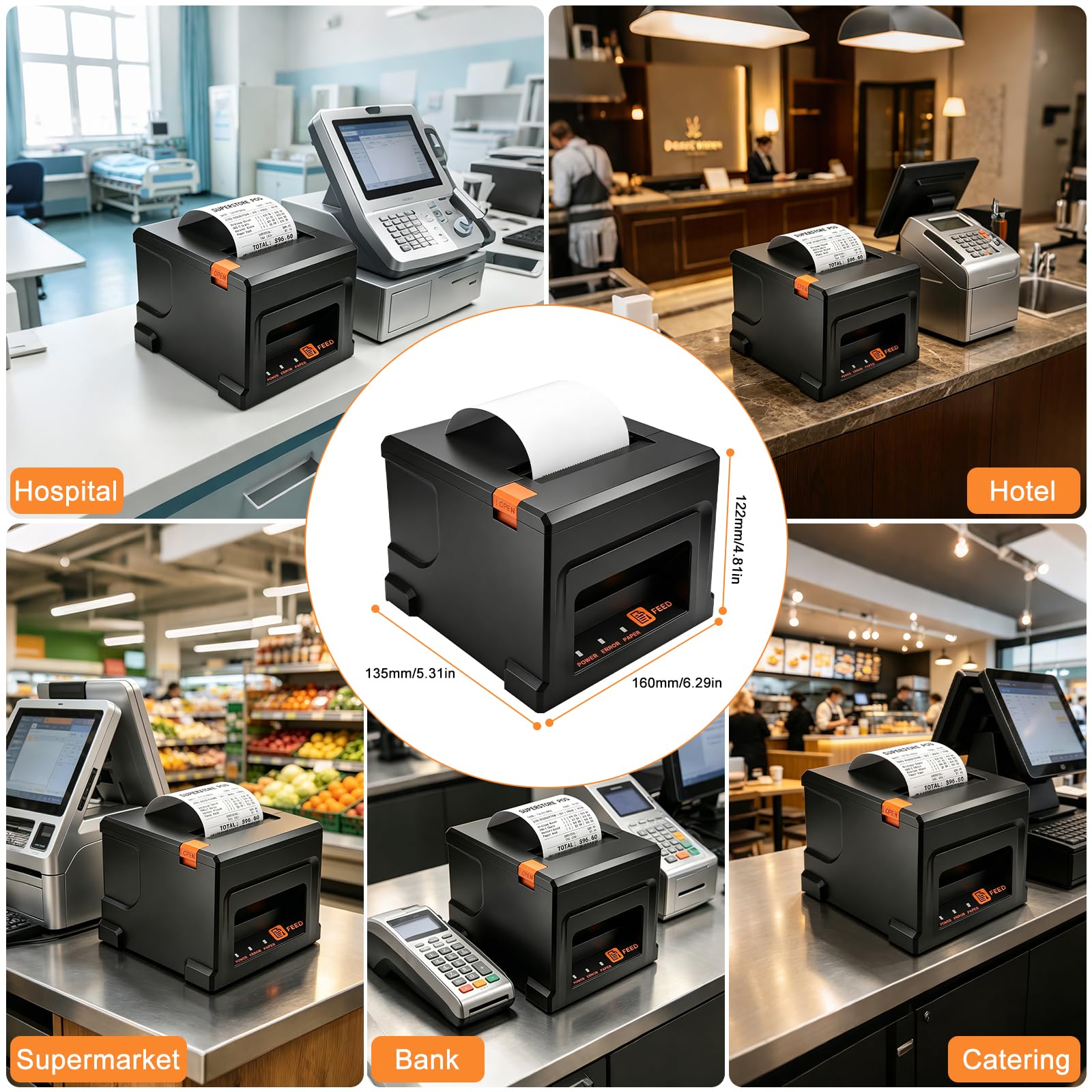 Bondrucker 80mm, Versandetiketten Drucker, USB & Bluetooth& LAN Verbindung | Etikettendrucker, 220mm/s, Inkl 5 Rollen Papier, Für Gastronomie & Einzelhandel, Unterstützung von ESC/POS