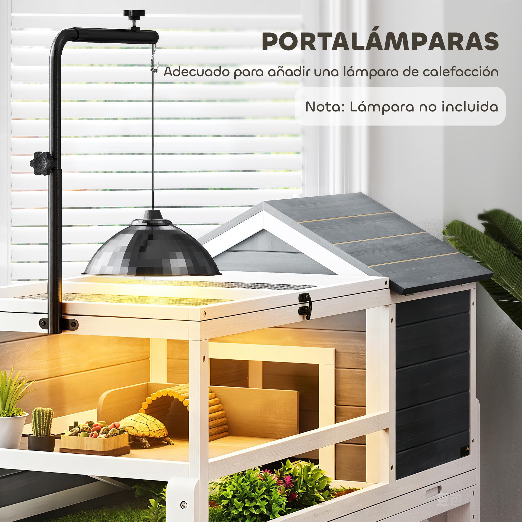 PawHut Casa para Tortugas de Madera, Terrario para Reptiles con Soporte para Lámpara Ajustable, Techos Abatibles, Bandeja Extraíble, Estante de Almacenaje y Paneles Transparentes, Caseta para Tortugas