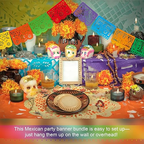 Miniatura 6 de Kinlop 30 pancartas de plástico para fiesta mexicana de 450 pies, pancarta de papel picado Dia De Los Muertos para fiesta, decoración del Día de los