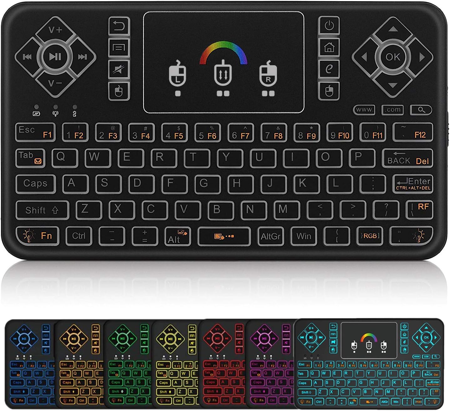 Q9 Mini Wireless Keyboard with Touchpad - Colorful Backlit Small Rechargeable Remote Keyboard for PC, Raspberry Pi 4, Android TV Box, KODI, Windows 7 8 10