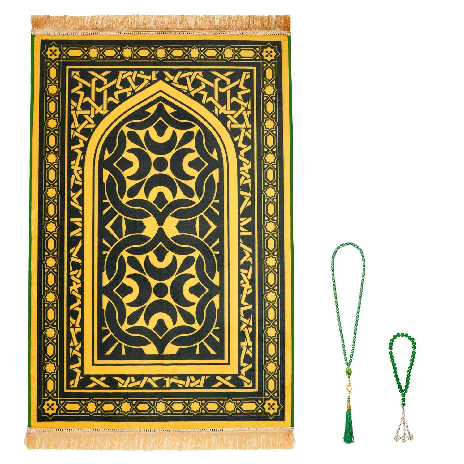 Thick Prayer Mat, Soft Muslim Prayer Rug Islam Men Women, Praying Mat with Islamic Prayer Beads for Muslim Eid Travel Ramadan Gifts, Qibla(Green)
