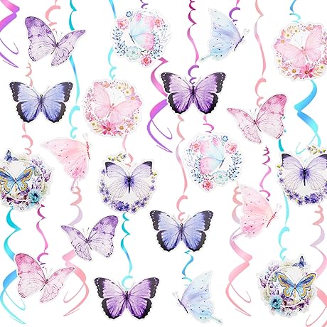 Fairy-Themed 30-Piece Butterfly Hanging Swirl Decorations in Purple