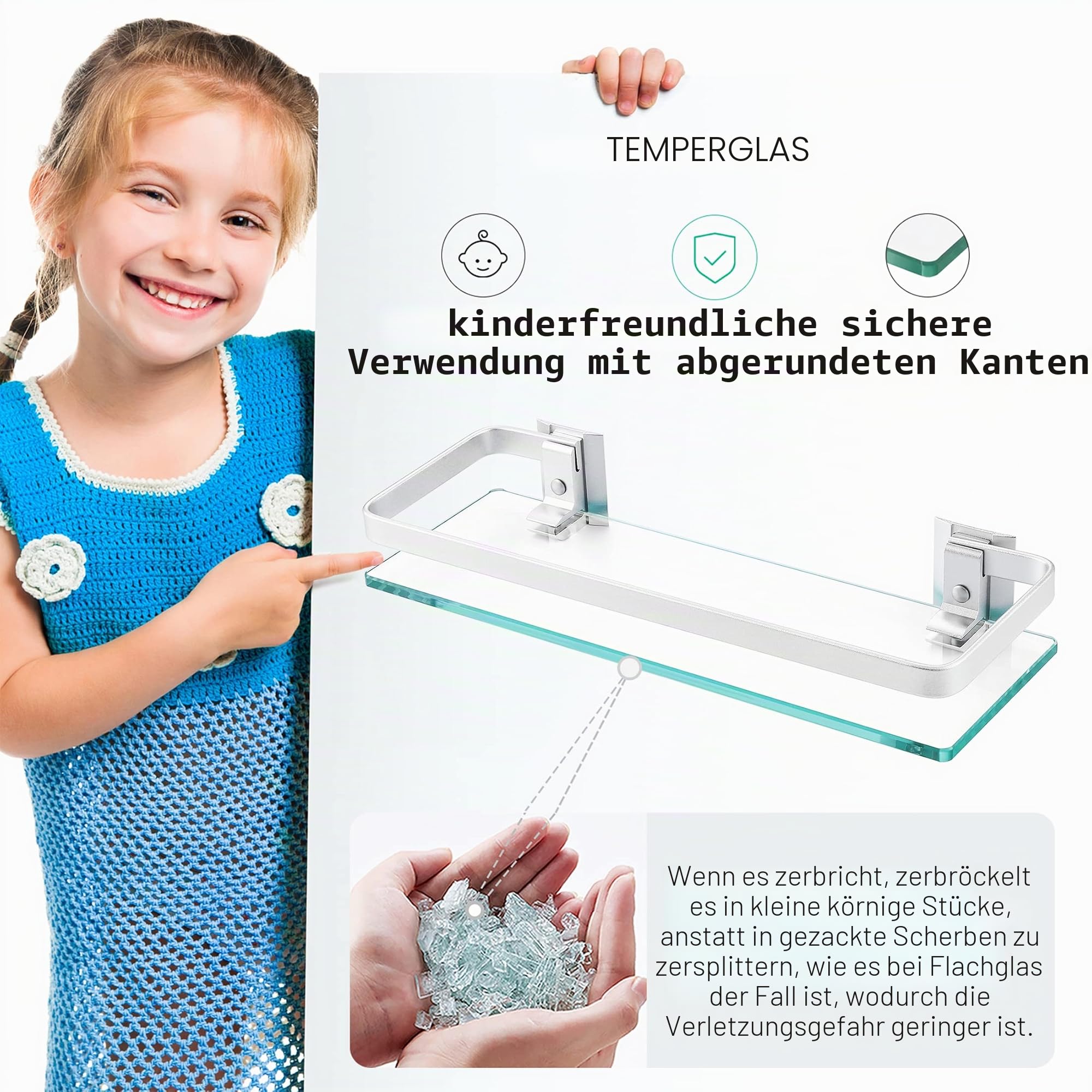 KES Duschablage Glas Duschregal Glasregal 8mm Ablage Bad Glasablage für Badezimmer Wandregal Badregal Halterung Wandmontage 2 Stück Aluminium Silber, A4126A-P2