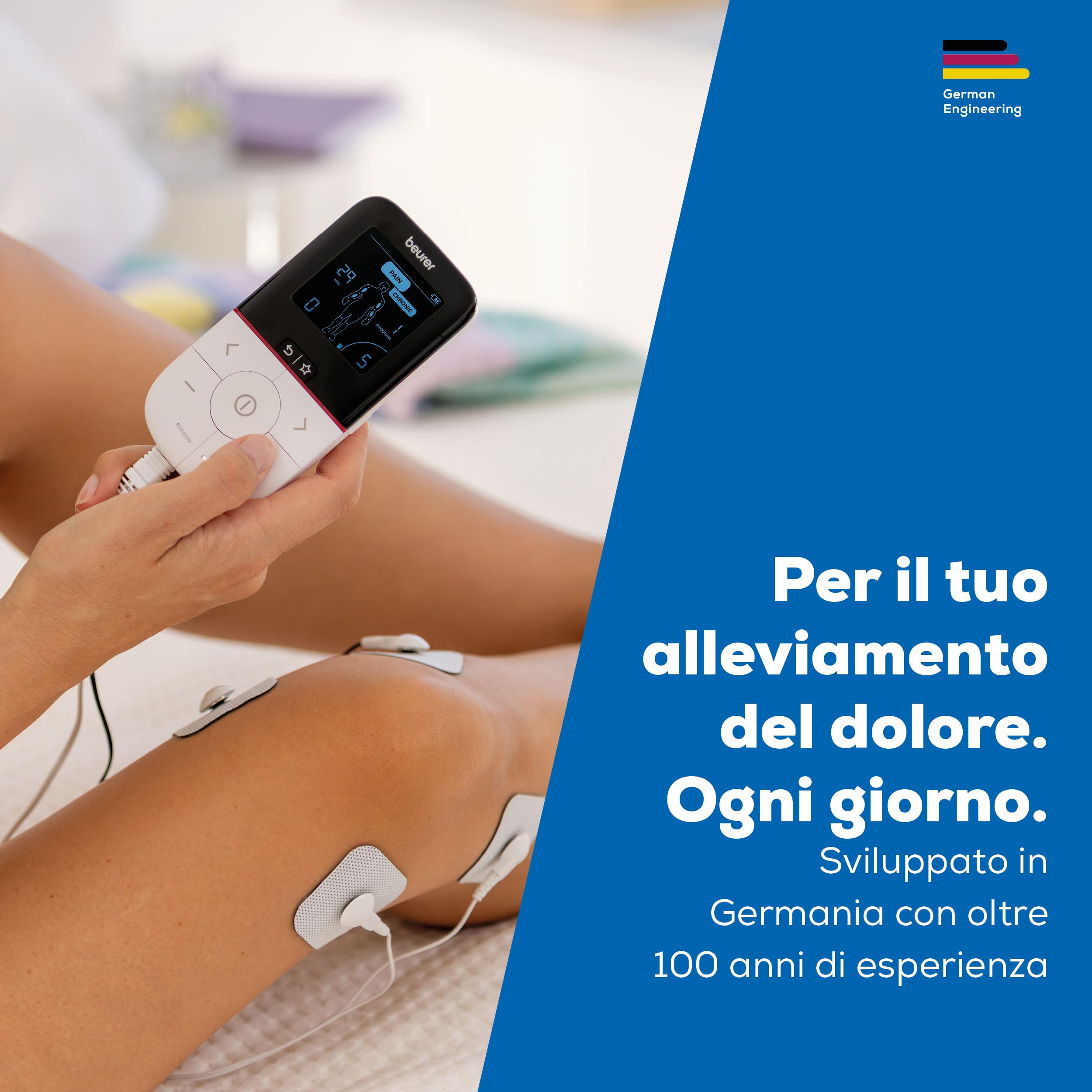 Beurer EM 56 TENS/EMS Digitale, dispositivo di stimolazione 3-in-1 per il sollievo dal dolore senza farmaci tramite stimolazione nervosa elettrica, allenamento muscolare, 22 programmi
