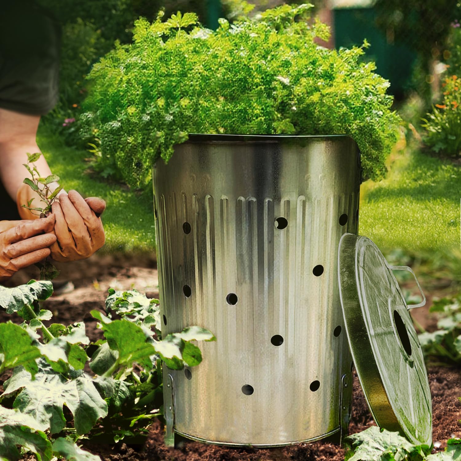 Composteur De Jardin en Métal 100L Réels - Poubelle Exterieure – Poubelle De Jardin – Compost - Acier Galvanisé - Gants Inclus