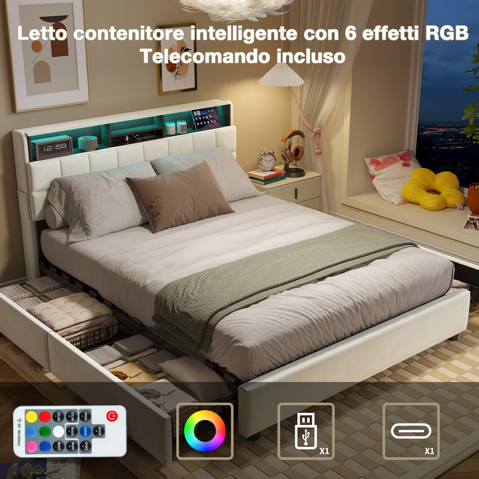Camas Matrimoniales 160x200 con Luces LED y USB C, Cama Tapizada en Terciopelo con 4 Cajones y Cabecero Almacenaje Multifuncional,Somier Madera,Marco metálico,para Todas Las Edades(Beige-500KG