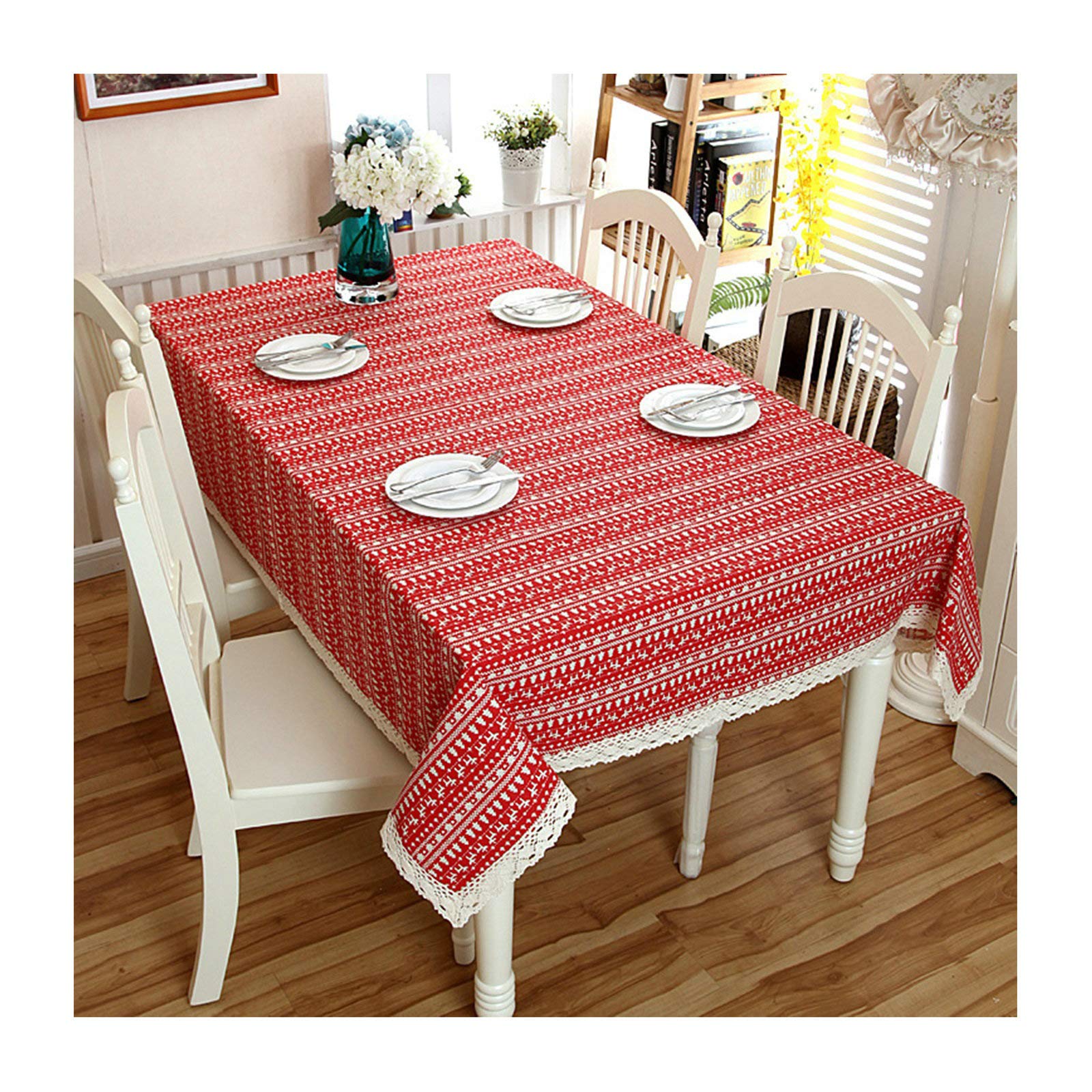 Nappe de Noël lin 140x220cm rouge anti-pliure motif cerf pour table de fête toujours impeccable