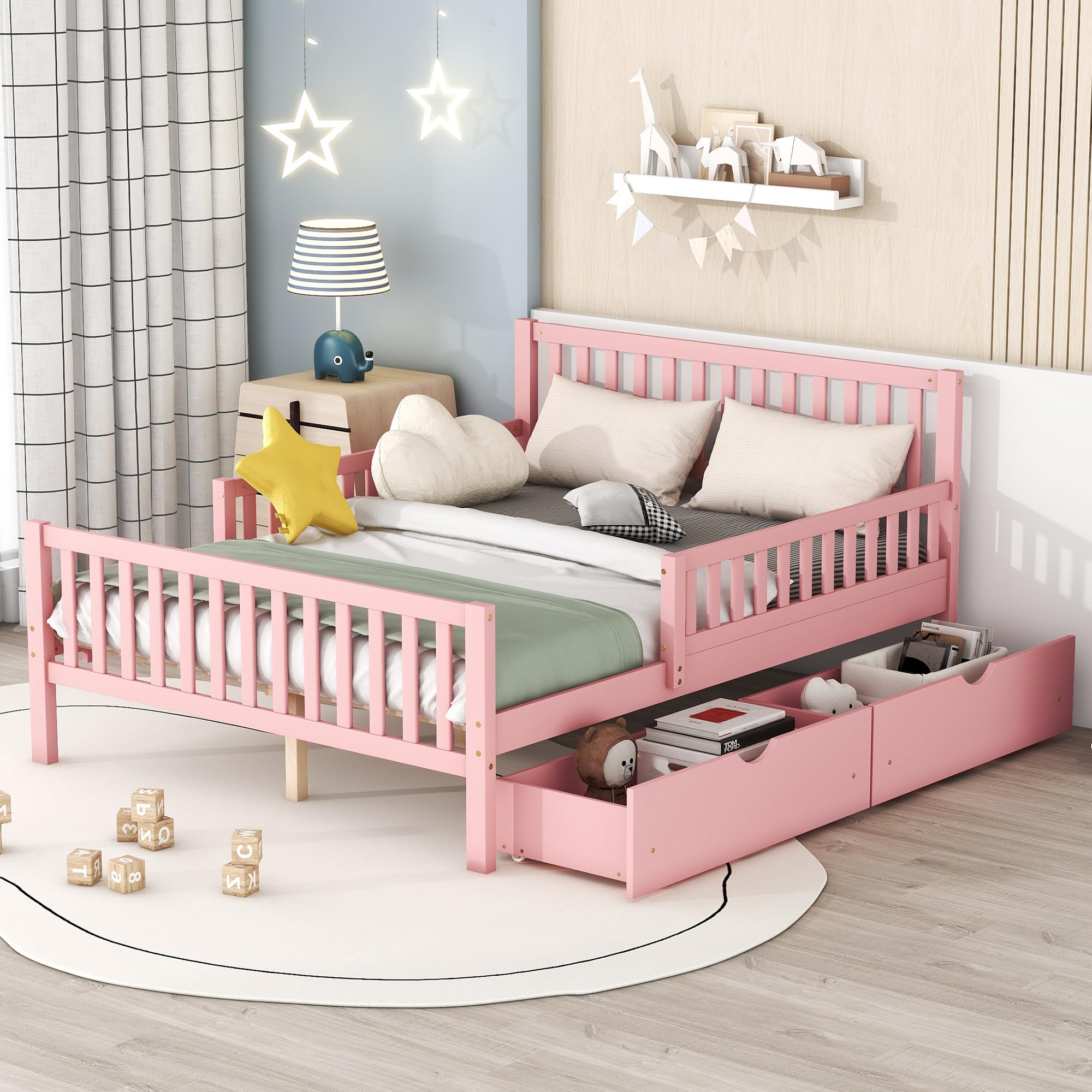 YOUJUNER Full Size Wood Platform Bed with Guardrails on Both Sides, Platform Bed with Two Storage Drawers for Girls Boys