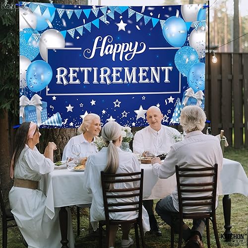 Vista 8 de KatchOn Cartel de feliz jubilación azul, extragrande, 72 x 44 pulgadas, decoraciones azules para fiesta de jubilación