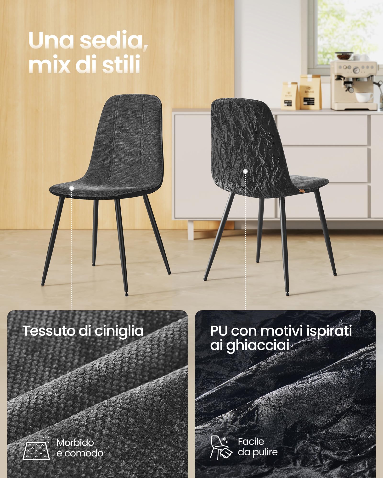 VASAGLE Sedie da Pranzo, Set di 4, Struttura in Metallo, Piedini Regolabili, Facile da pulire, Sedie Imbottite da Cucina, Tessuto Ciniglia, PU con Motivi di Ghiacciai, Grigio Ardesia KDC188G01