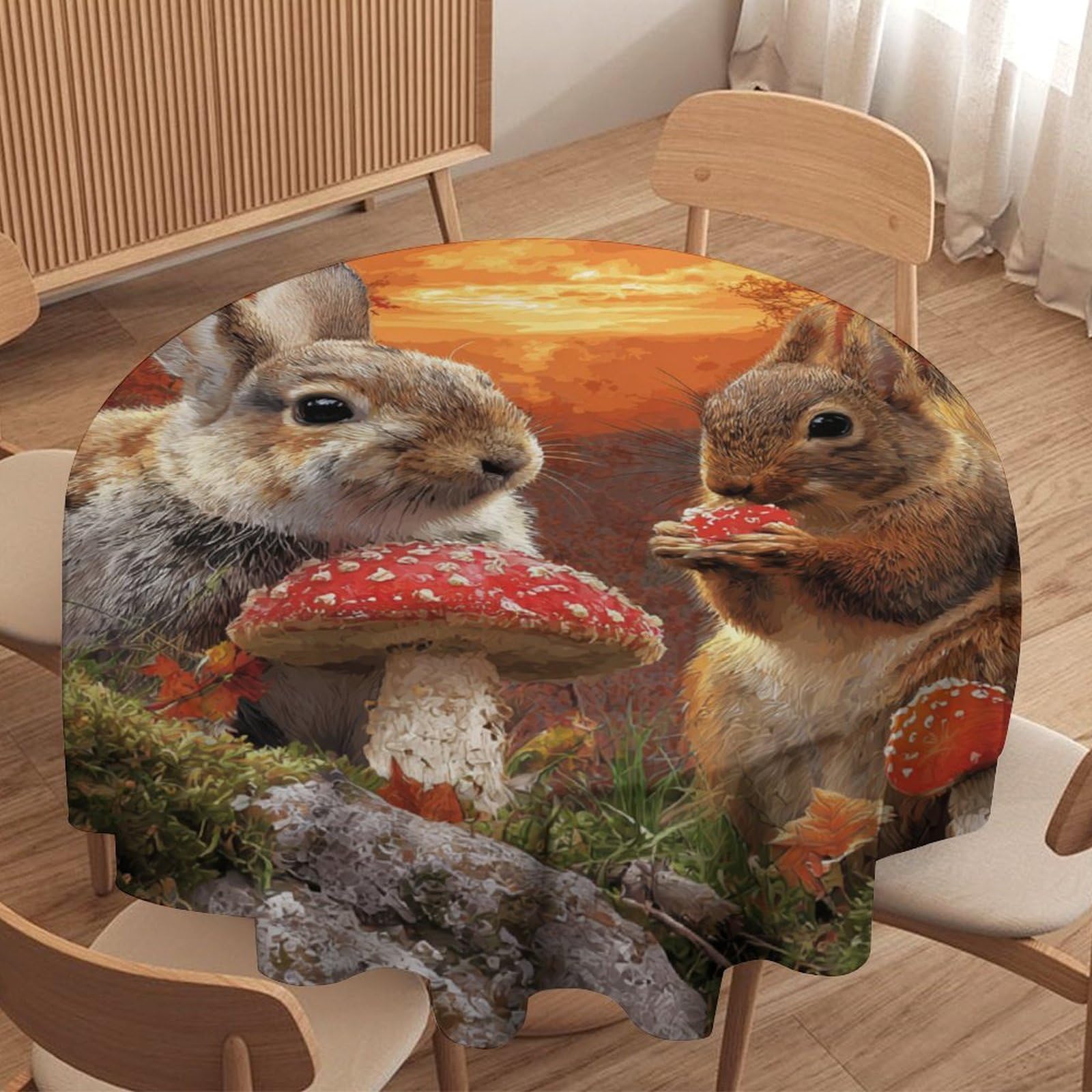 LUYYSKY Beautiful Realistic Squirrels Rabbits Round Tablecloth Classic Watercolor Sunset Maple Leaves Mushrooms Animals Pattern Washable Decor for Table Cover for Kitchen-177.8" Wx177.8 L cm
