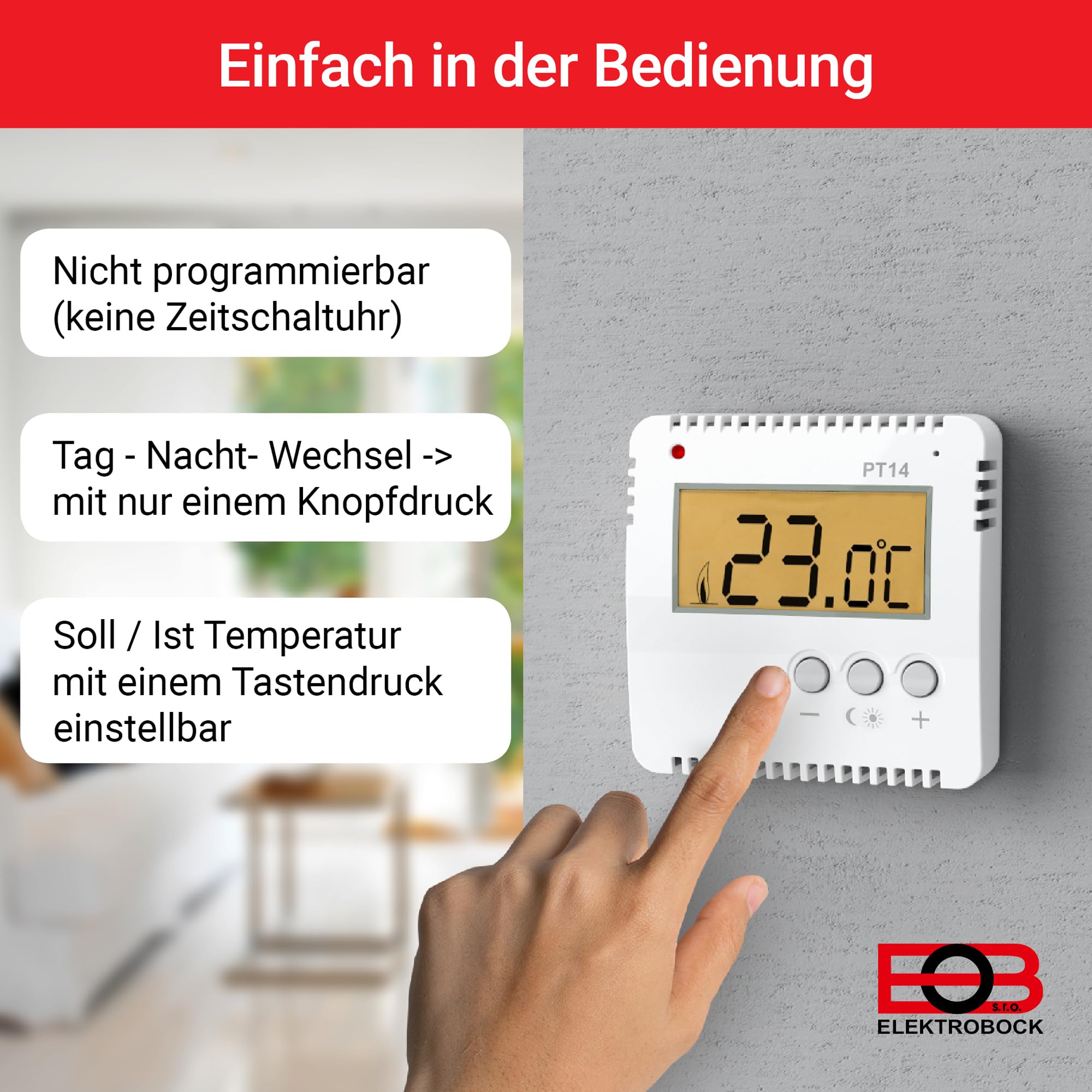 ELEKTROBOCK PT14 Digitaler Raumthermostat 230V | Ein Knopfdruck - Temperaturwechsel | kein programmieren notwendig | großes beleuchtetes LCD Display | Wandthermostat für elektrische Heizungen
