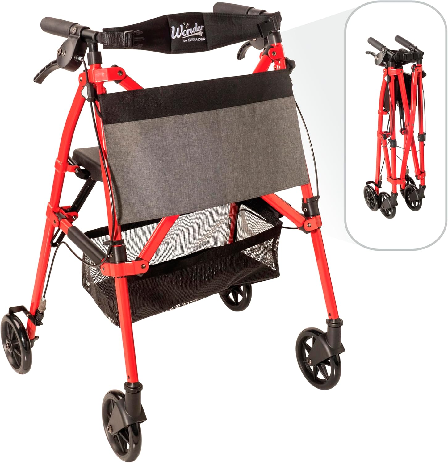 Stander Wonder Rollator Plus, Lightweight Folding Mobility Rolling-Walker, EZ Fold-N-Go-Rollator for Seniors and Adults, 6-inch Wheels, Locking Brakes and Padded Seat with Backrest, Sport Red Sport Red Standard