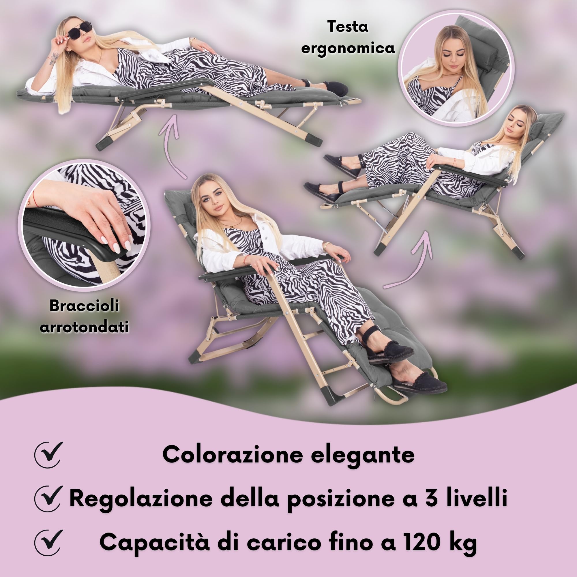 SPRINGOS Lettino da giardino pieghevole con poggiatesta e poggiapiedi, resistente alle intemperie, per giardino, balcone e terrazza, sedia a sdraio regolabile con cuscino e braccioli, 66 x 137 x 92 cm