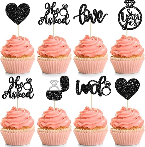 24 adornos para cupcakes con purpurina negra con texto en inglés He Asked She Said Yes, Love I Do, anillo de corazón, para despedida de soltera,