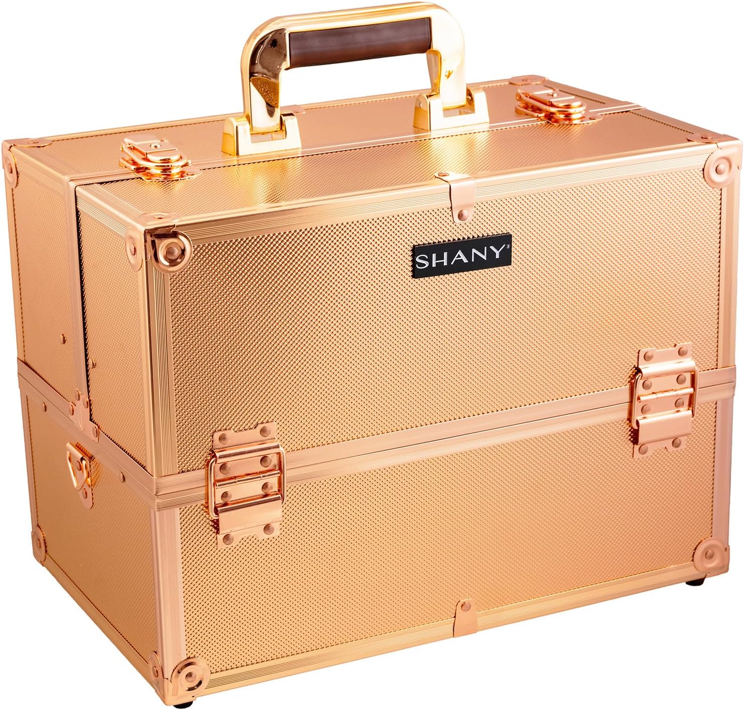 Essential Pro Makeup Train Case Cosmetic Box Portable Makeup Case Cosmetics Beauty Organizer Jewelry storage with Locks, Multi Compartments Makeup Box and Shoulder Strap - Rose Gold