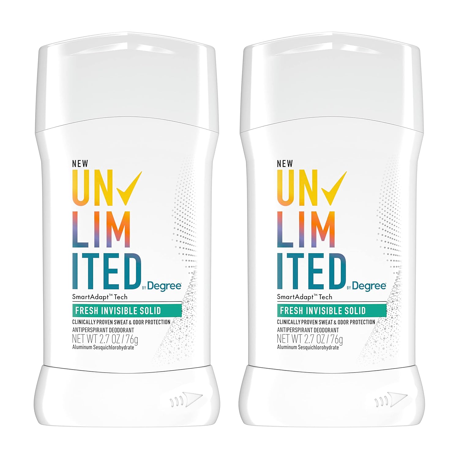 Degree Unlimited Antiperspirant Deodorant Stick Fresh 2 Count Long-Lasting Sweat & Odor Protection with Antiperspirant Technology SmartAdapt Tech 2.7 oz Degree Unlimited Antiperspirant Deodorant Stick Fresh 2 Count Long-Lasting Sweat & Odor Protection with Antiperspirant Technology SmartAdapt Tech 2.7 oz