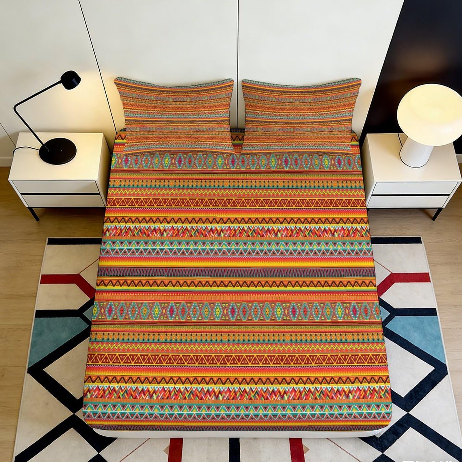3D Printed Ethnic Tribal Pattern Fitted Sheet Microfiber Soft Breathable Boho Geometric Mattress Cover for Bedroom Decor 90x200x25cm