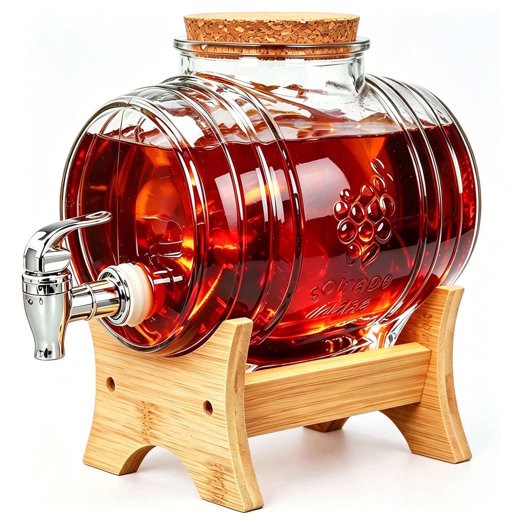 ohbien 1L Glass Whiskey Barrel Dispenser with Tap and Wooden Stand Set
