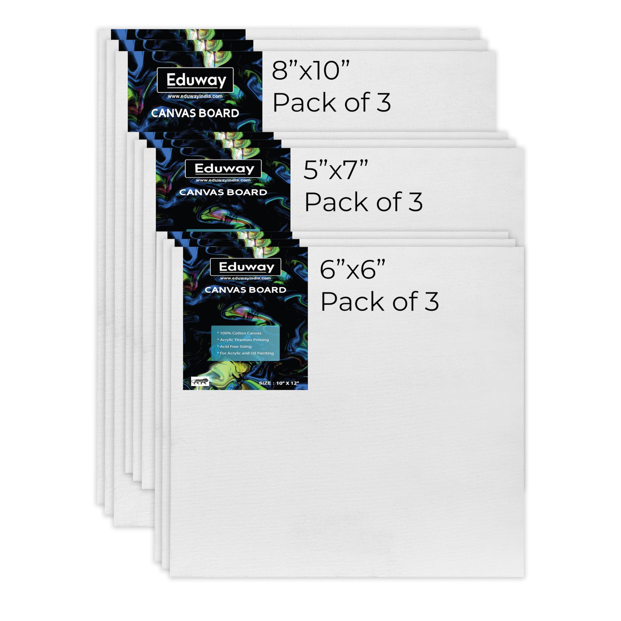 Eduway Medium Grain Canvas 1 Each (8X10, 5x7, 6X6) inch Cotton Canvas Board - Combo Pack of 9, (20x25, 13x18, 15x15 Cms) with 4mm MDF Board Backing, for Painting-picture-11