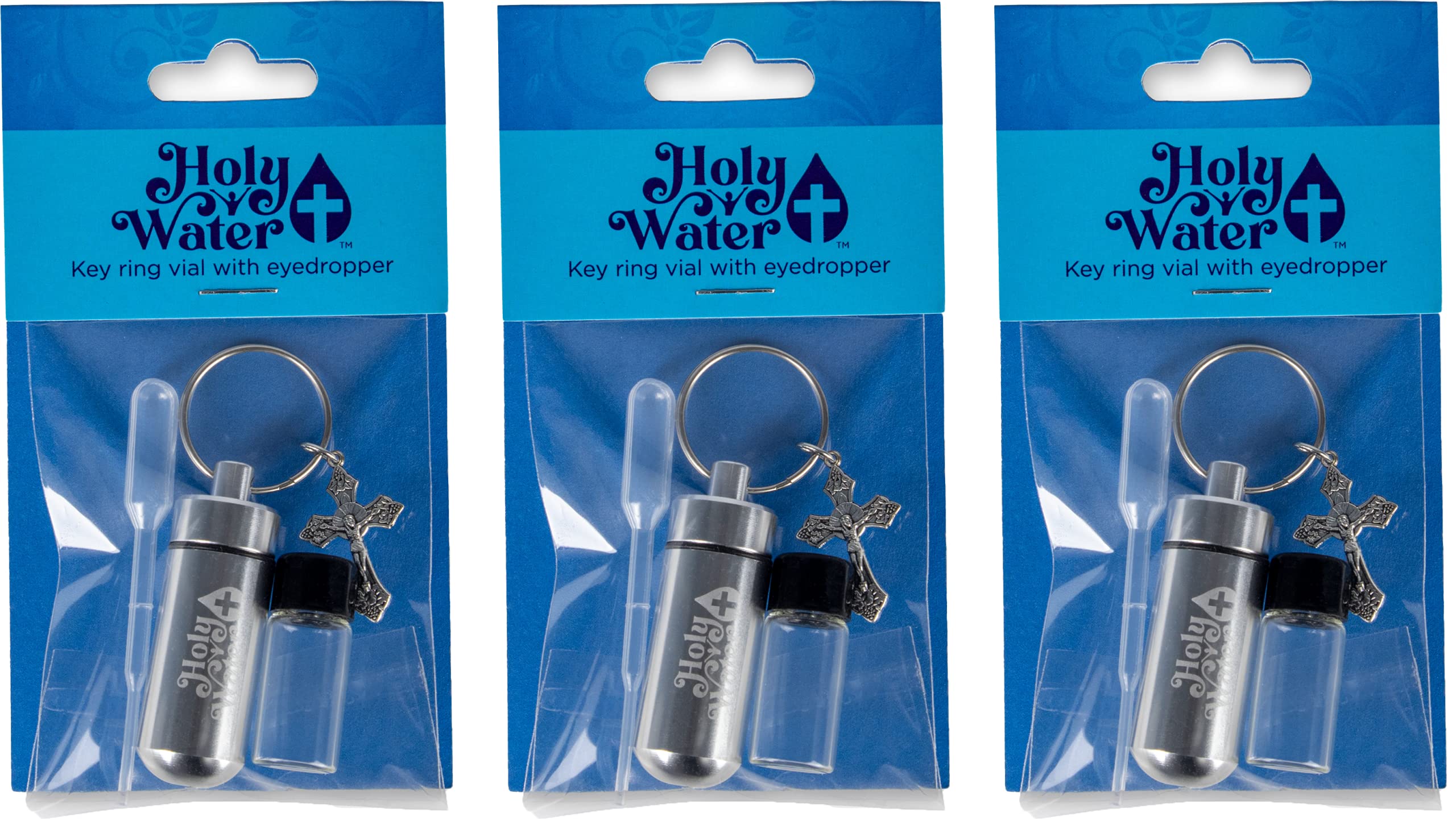 3 Set Catholic Holy Water Keychain Kit w/ Glass Vial, Plastic Eyedropper & Cross Pendant - 2mL Metal Anointing Oil Container for Holy Water &
