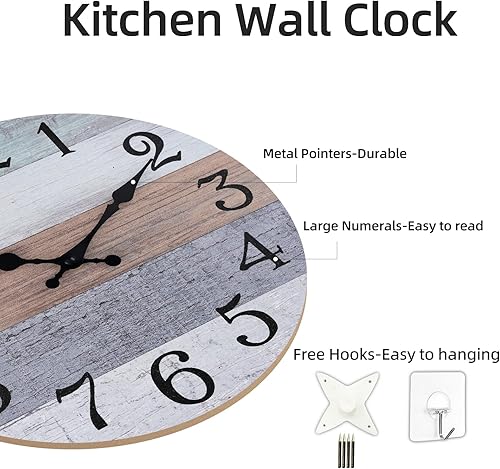 Miniatura 6 de Reloj de pared silencioso de 10 pulgadas, funciona con pilas, reloj rústico vintage para baño, cocina, dormitorio, oficina, sala de estar (gris)