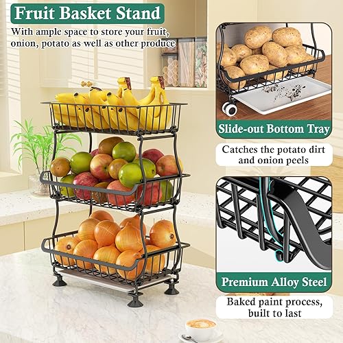 Miniatura 4 de Organizador de piso de despensa rodante de 3 niveles y carrito de almacenamiento con ruedas, cestas apilables de despensa de alambre para estantes