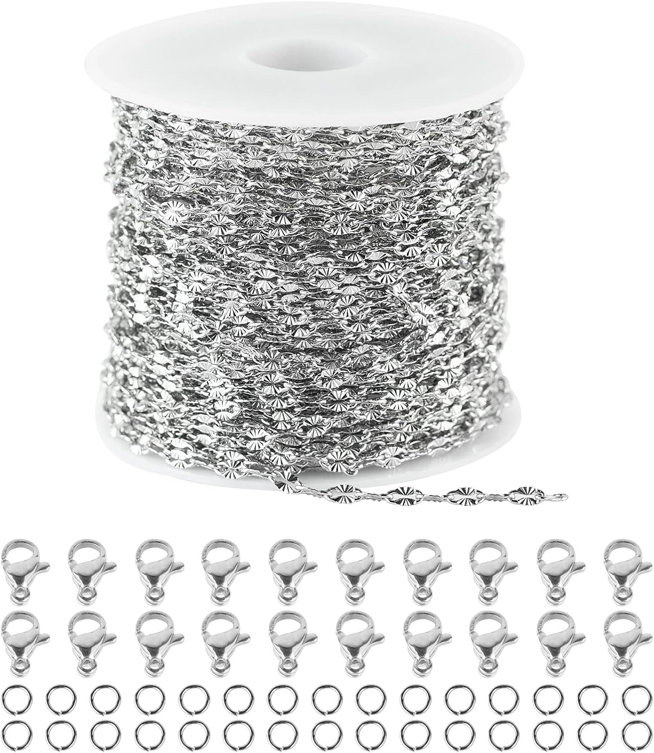 UMAOKANG 32.8 Feet Silver Jewelry Chain Link Stainless Steel Chain Roll Spool Necklace Chain Bulk with Lobster Clasp and Jump Rings for Jewelry Making DIY Bracelet Anklet