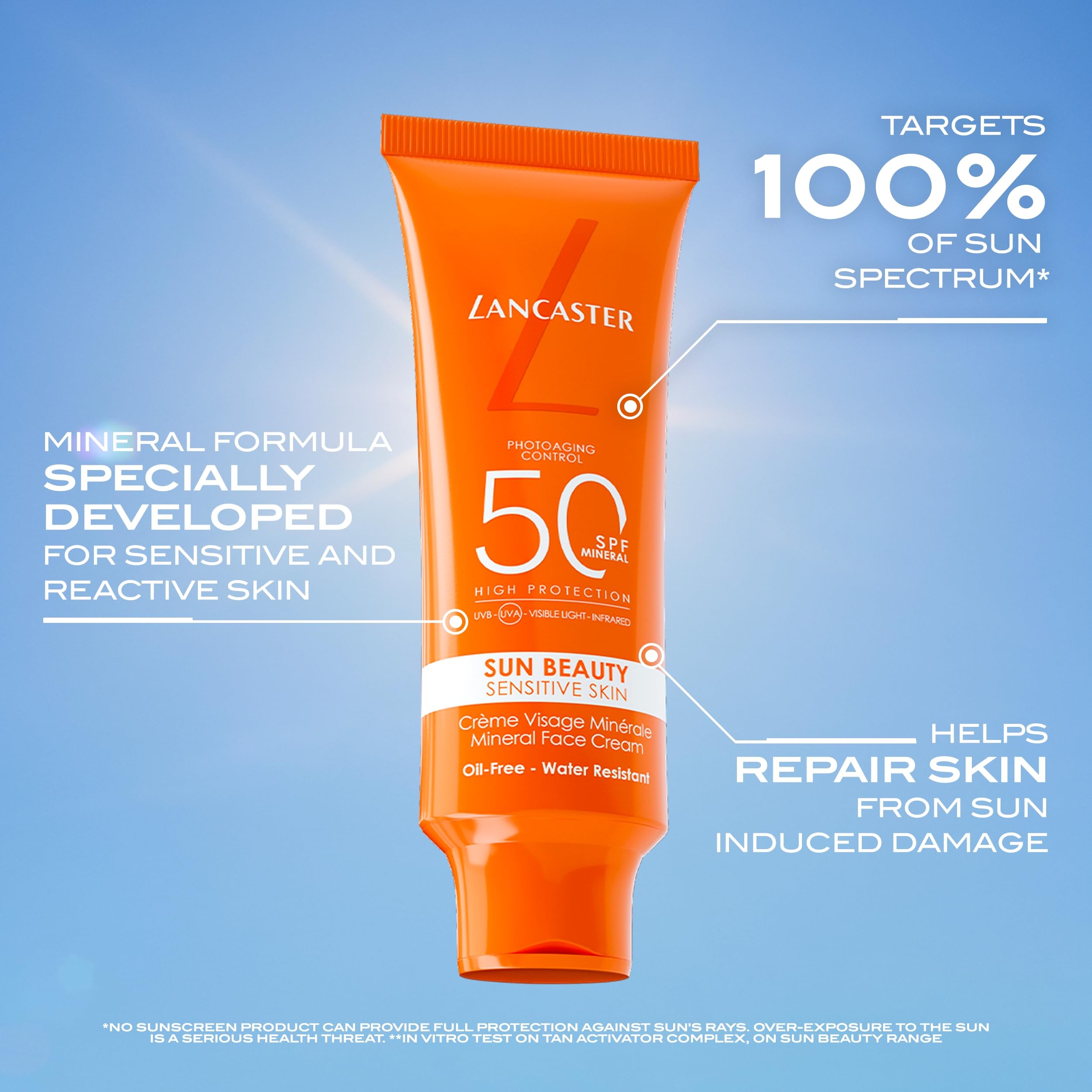 Lancaster Sun Beauty Sensitive Skin Mineral Face Cream SPF50 50ml, Broad Spectrum Sun Protection, With Tan Activator Complex - Image 2