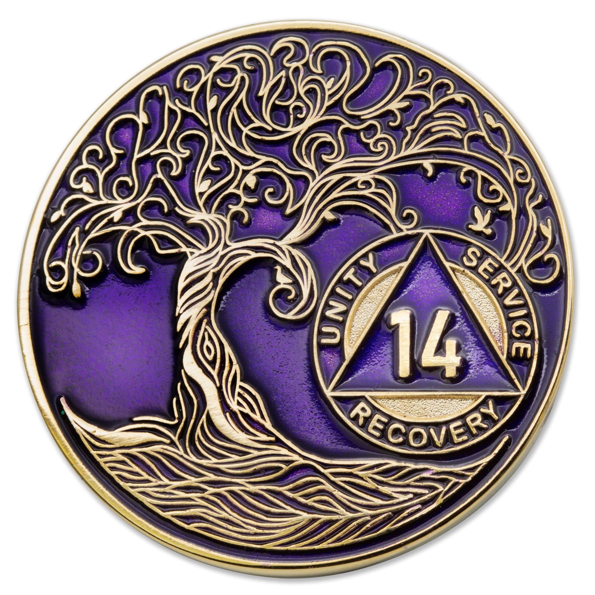 1 to 50 Year Twisted Tree of Life Sobriety Coin - Gold Plated AA Chips &amp; Medallions - 14 Year Sobriety Coin - Purple