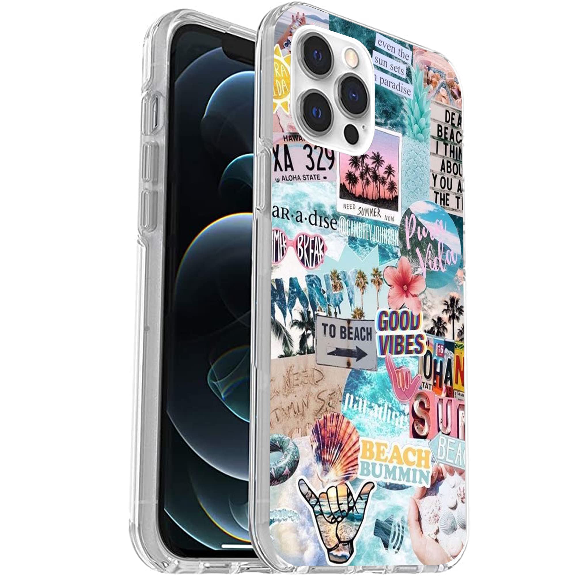 JIHANFENYUE Compatible with iPhone 14 Pro Case - Vintage Vibe Collage Aesthetic Retro Beach Seashells Palm Design Soft TPU Stylish Slim Protective