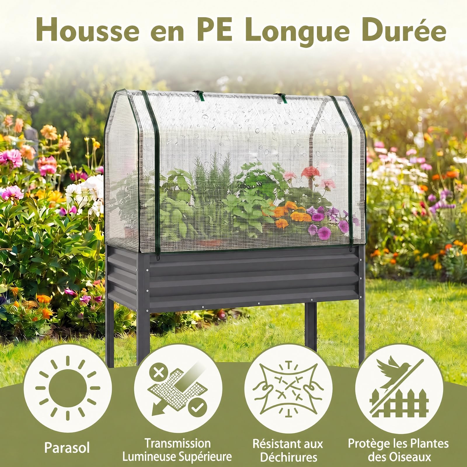 GOPLUS Jardiniere sur Pieds 3 en 1 avec Mini Serre, Carré Potager en Métal Galvanisé avec Porte Zippée Enroulable pour Jardin Balcon Patio, Bac de Culture 142L pour Légumes Herbes Fleurs (Gris)