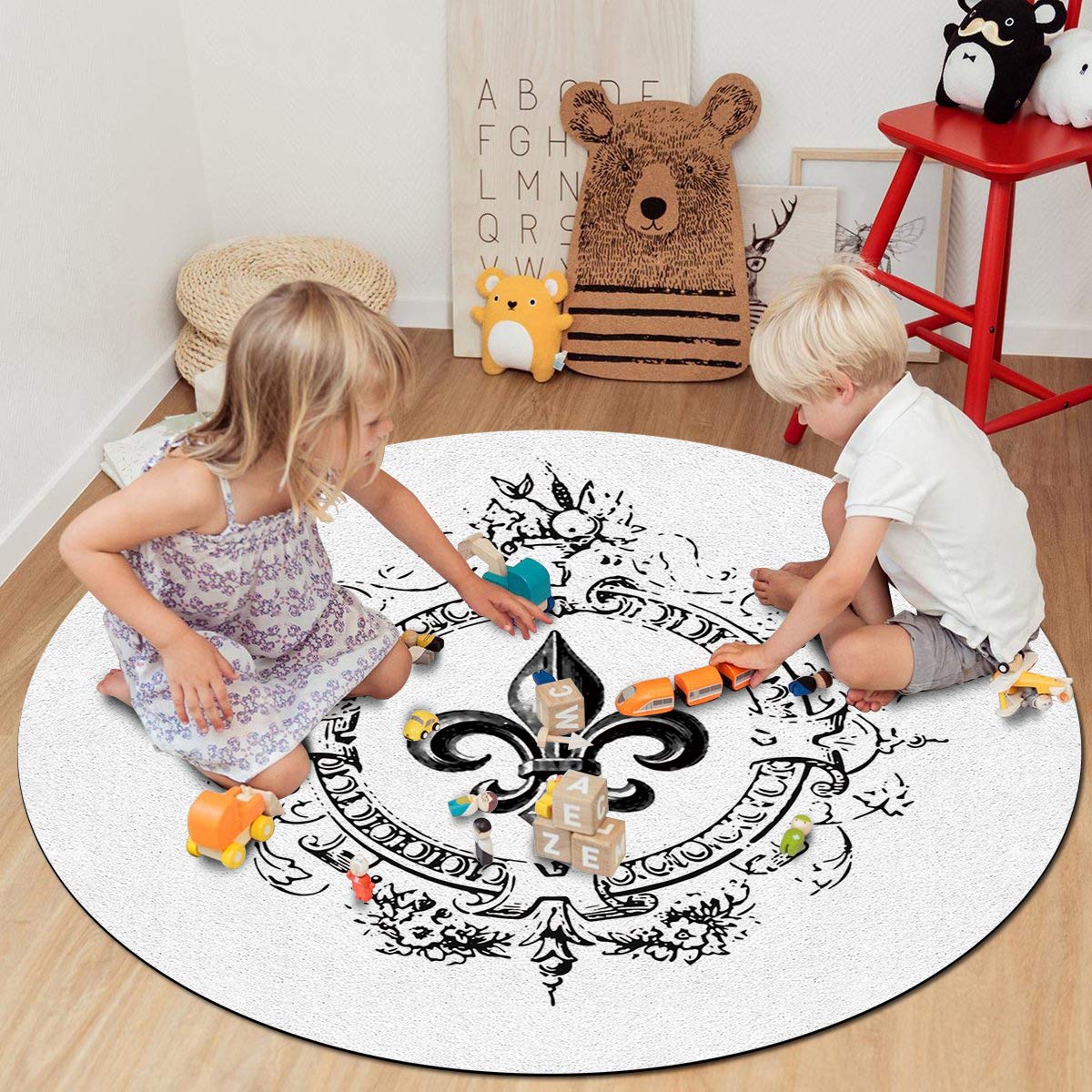 Lila Runder Teppich 90cm - Blumen Orchideen Schmetterlinge Design Kurzflor