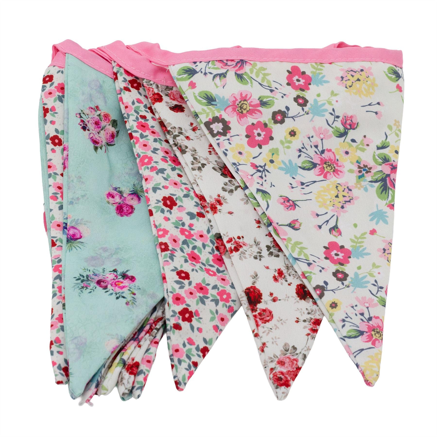 3m Ditzy Floral Fabric Bunting Garland, 12 Double Sided Cotton Pennant Flags Vintage Country Garden Party Decoration