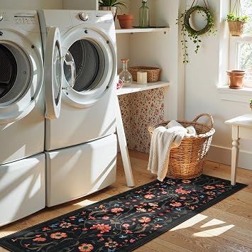 LIVEBOX Washable Runner Rug - Boho Floral 2x6 Kitchen Rug, Non-Slip Carpet Runners for Hallway 6ft, Soft Low-Pile Runner Rugs for Entryway Hallways Laundry Room Bedroom Farmhouse (2x6 ft, Black)