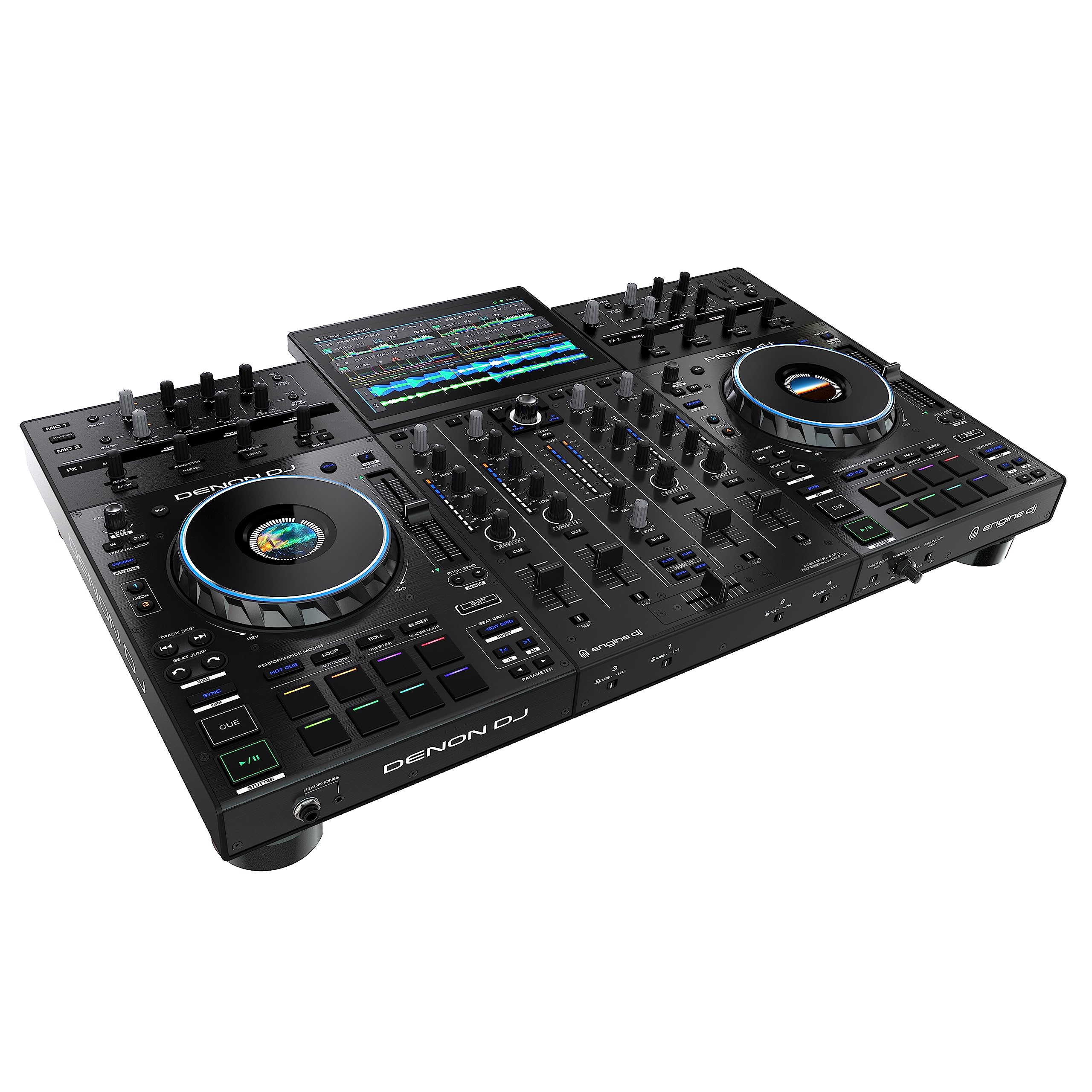 Denon DJ PRIME 4+ Controller 4-Deck Stem Separation Wi-Fi Mixer Drop Sampler 10.1" Touchscreen Luci Nero