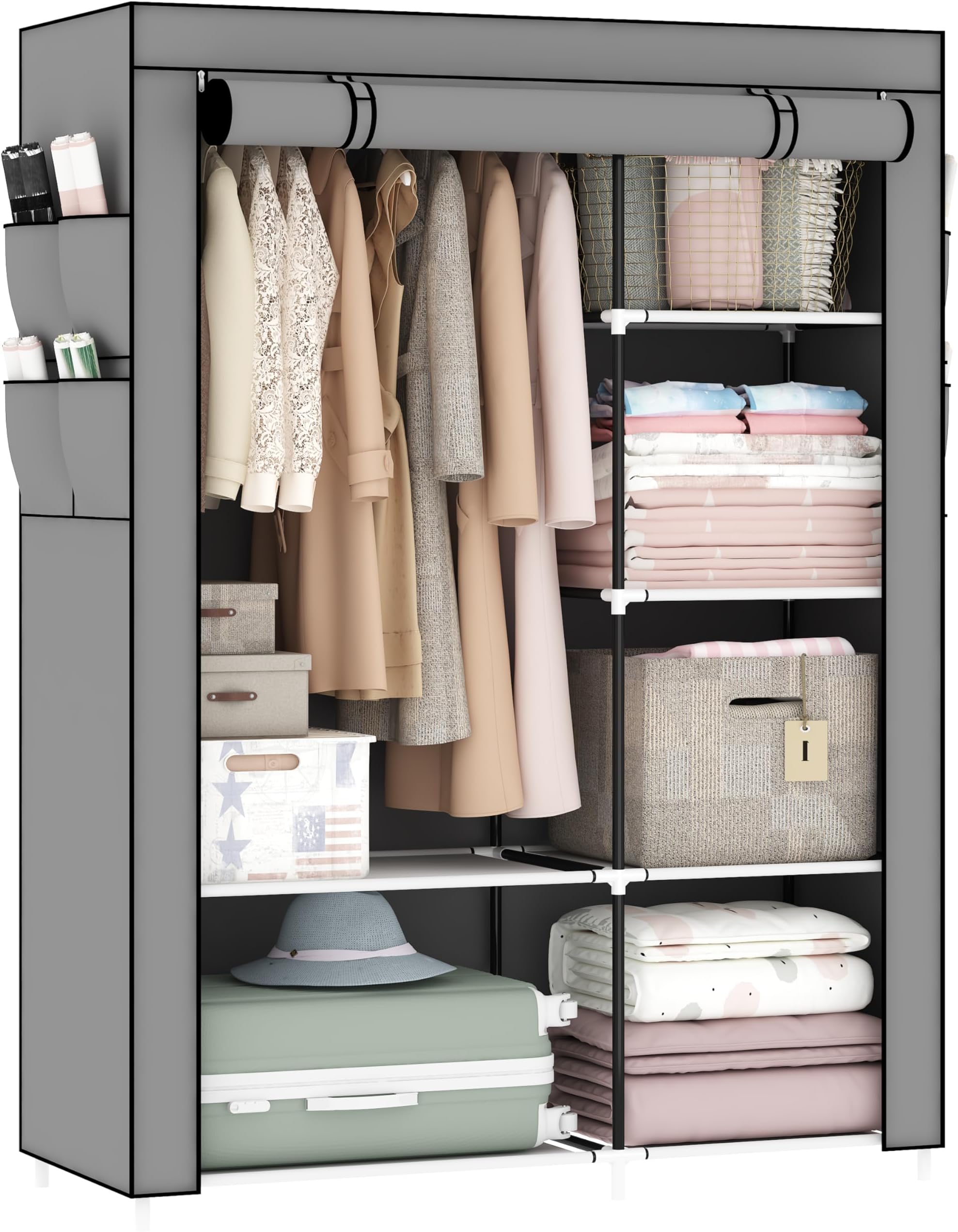 OPPAIYA Canvas Wardrobe, Pop Up Fabric Wardrobe with Shelves and Hanging Rail,Great temporary wardrobes for bedrooms, portable wardrobes, 105 x 45 x 165 cm, gray