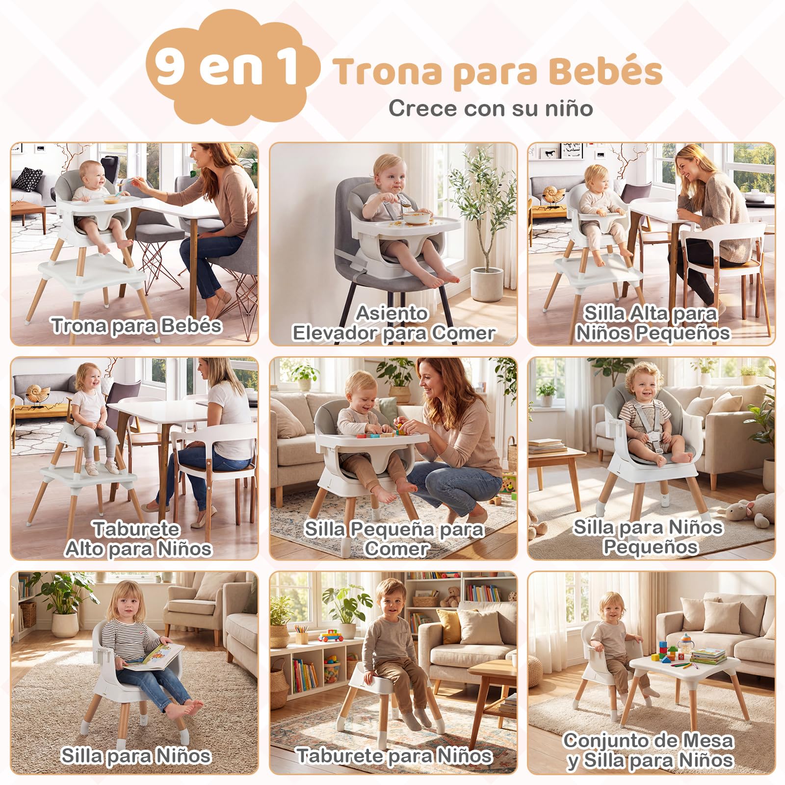 COSTWAY Trona Bebé 9 en 1, Trona Evolutiva con Bandeja Extraíble Apta para Lavavajillas, Patas de Madera, Cinturón de Seguridad de 5 Puntos y Cojín de Asiento, Silla Alta Convertible (Gris Claro)