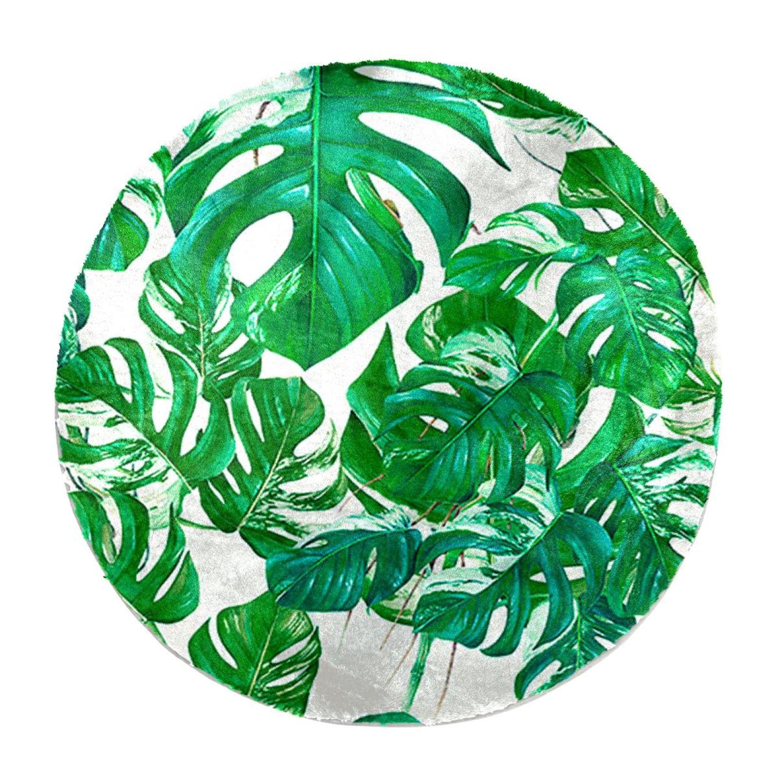 Tapis feuilles tropicales rond pour créer un cocon de douceur au salon