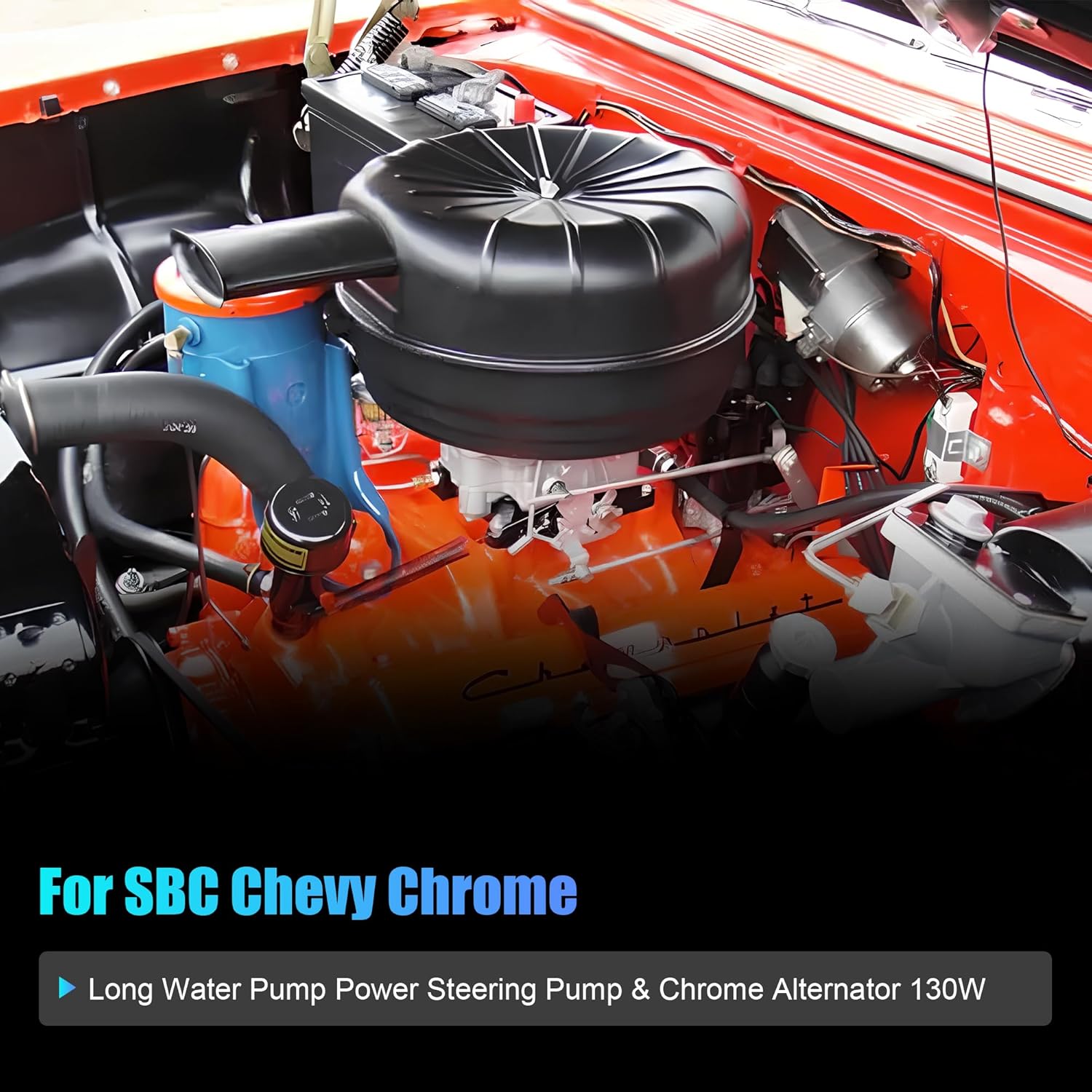 Power Steering Pump Chrome Long Water Pump Alternator 130W with Brackets Bolts Kit Small Block SBC for Chevy 283 327 350 LWP Engines 1969-1987 & Light Duty Trucks 1973-1989