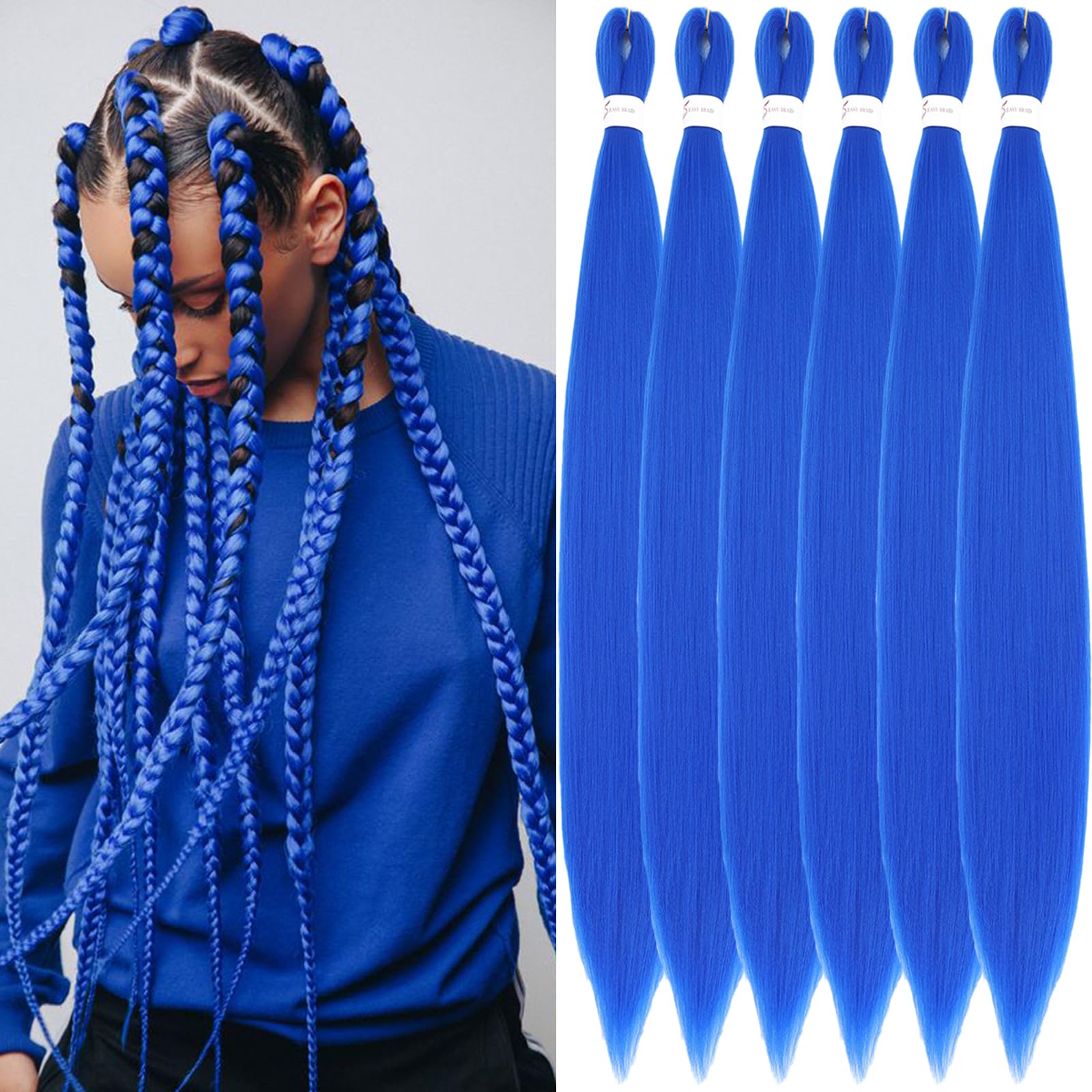 Xusuperb Pre Stretched Braiding Haare Blue 30 Zoll Lang Easy Braids Extensions Blau Kanekalon Kunsthaar zum Einflechten 6 Packungen Vorgestrecktes Flechthaar Yaki Rasta Zöpfe Haarverlängerungen(Blau#)