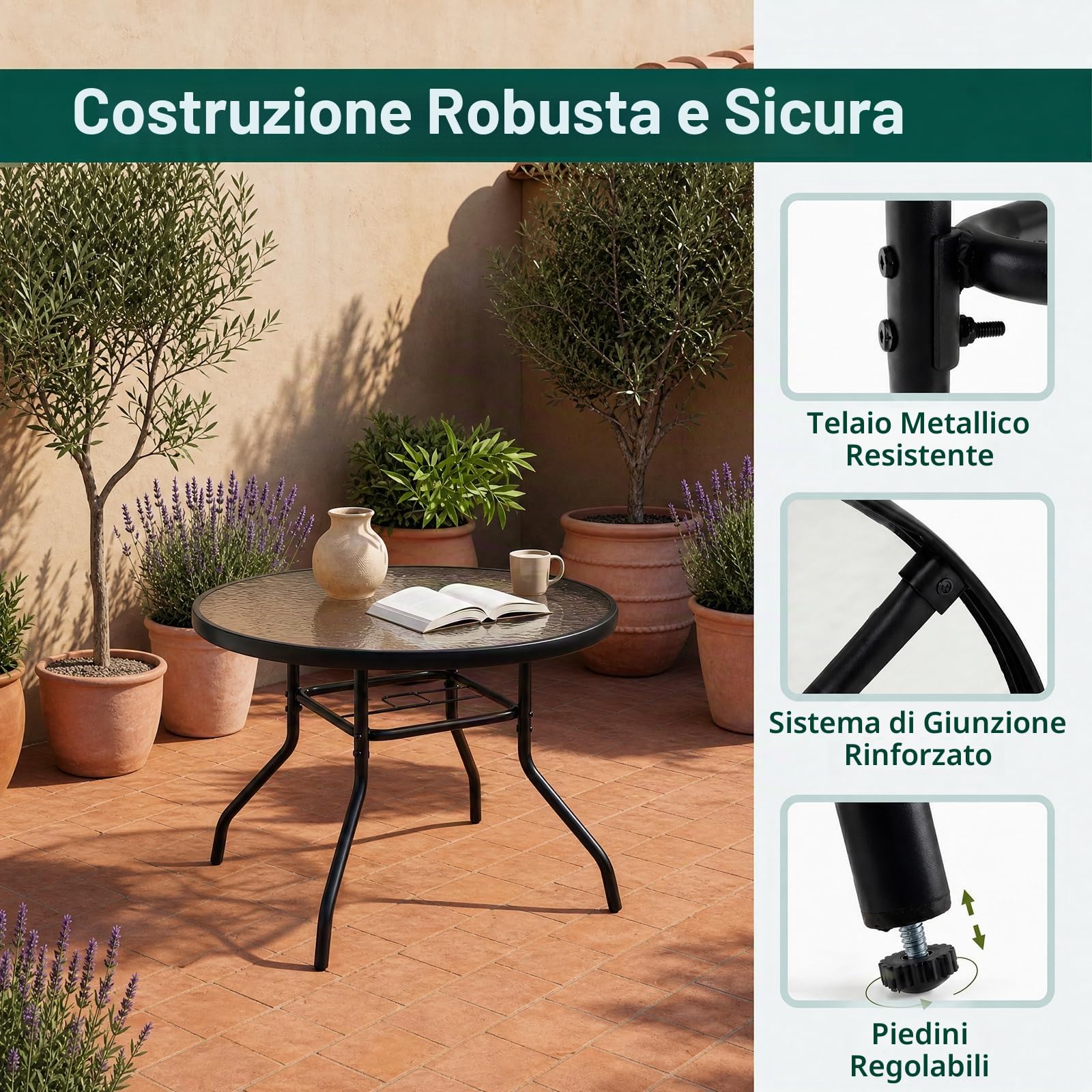 KOMFOTTEU Tavolino da Esterno in Vetro Antiscivolo con Foro Ombrellone | Tavolino Rotondo da Caffè con Struttura in Metallo, per Balcone e Piscina, 70 x 70 x 45,5 cm