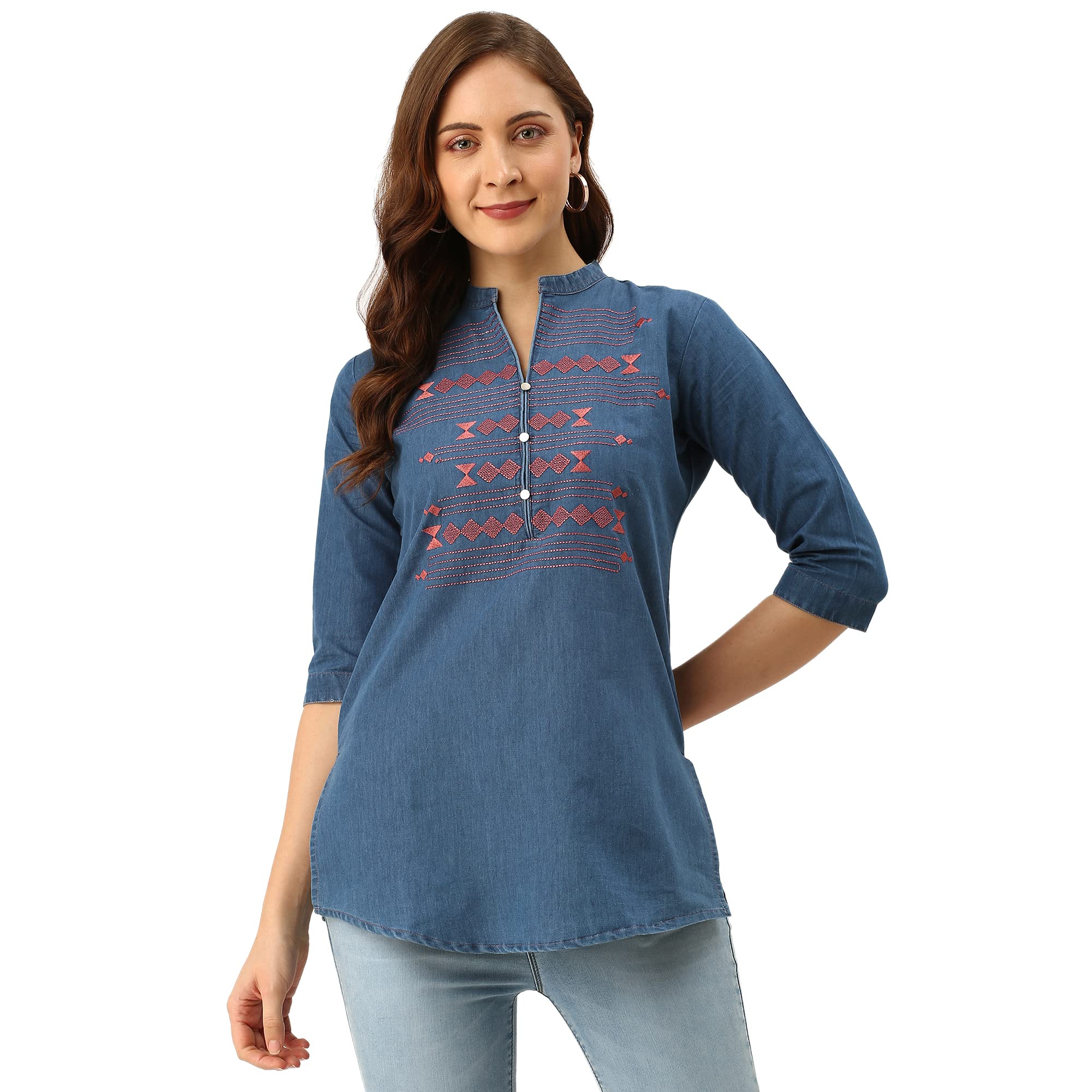 ZOLAExclusive Mandarin Collar Denim Fabric Machine Embroidery Hip Length 3/4th Sleeve Dx Blue Color Straight Tunic for Women, Dx Blue, XL